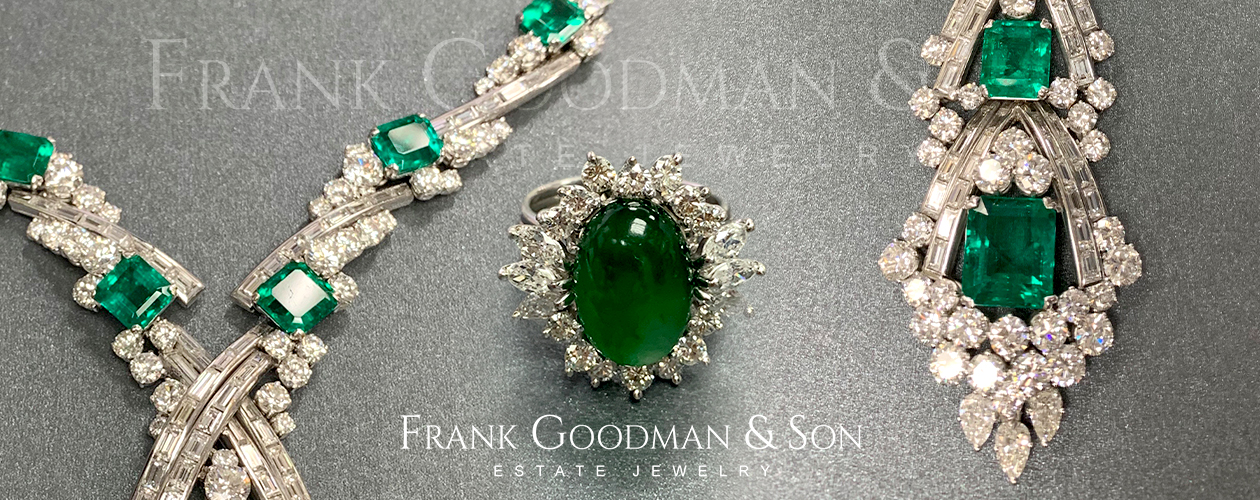 Frank Goodman and Son Banner of a Necklace and Ring with Diamonds and Green Emeralds